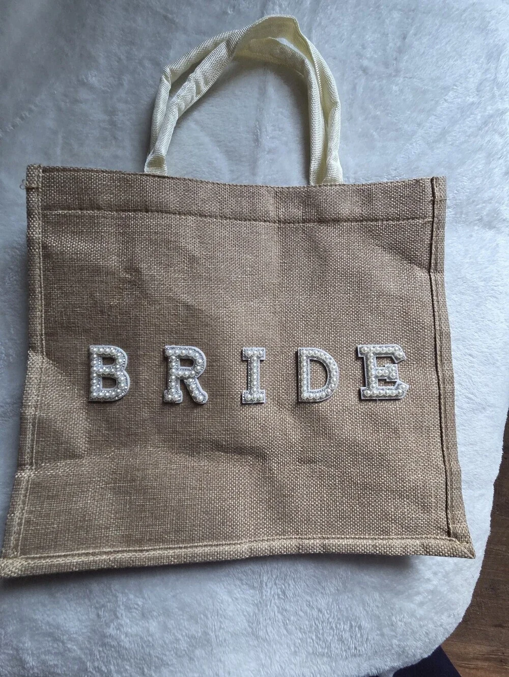 NWOT Bride Jute Tote Bag in Brown with Rhinestone And  Pearl Lettering